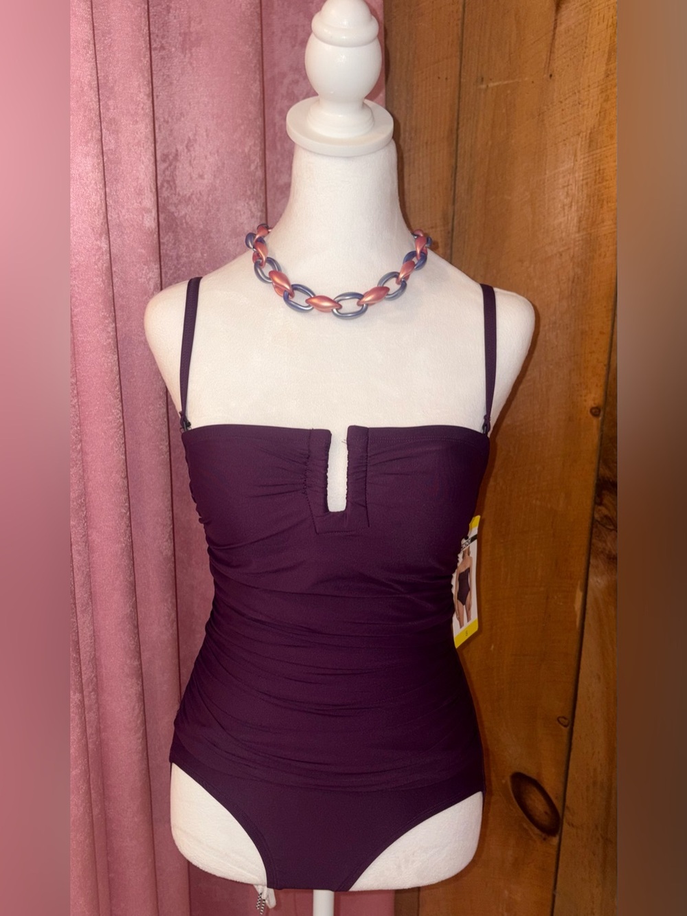 DKNY Plum Ruched V-Notch One-Piece Swimsuit- Small
